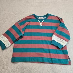 NEW Wishlist Teal Striped T-shirt Floral Contrast Sleeve Oversized Boxy Sz S